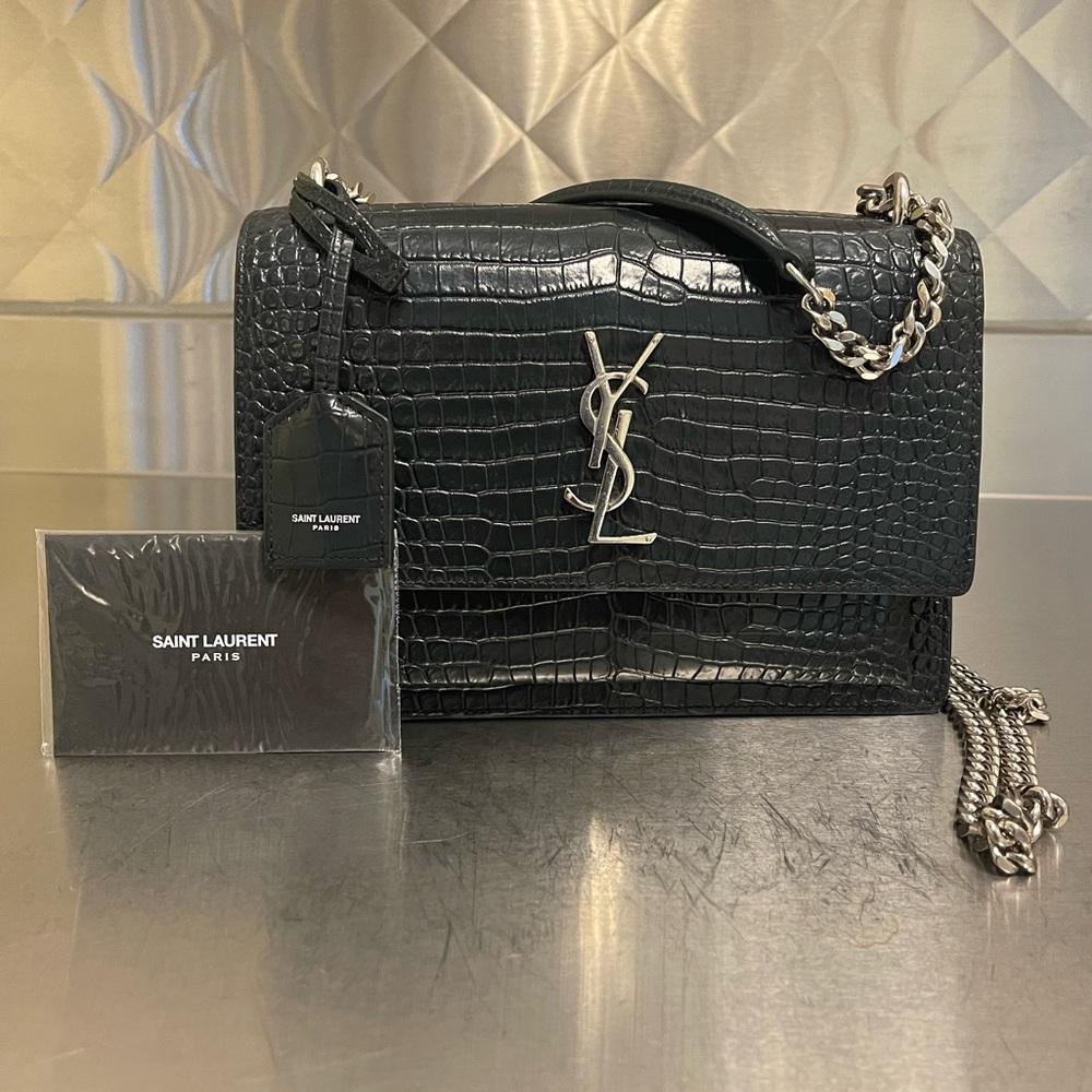 Saint Laurent
Sunset Medium YSL Crossbody Bag in Croc-Embossed Leather